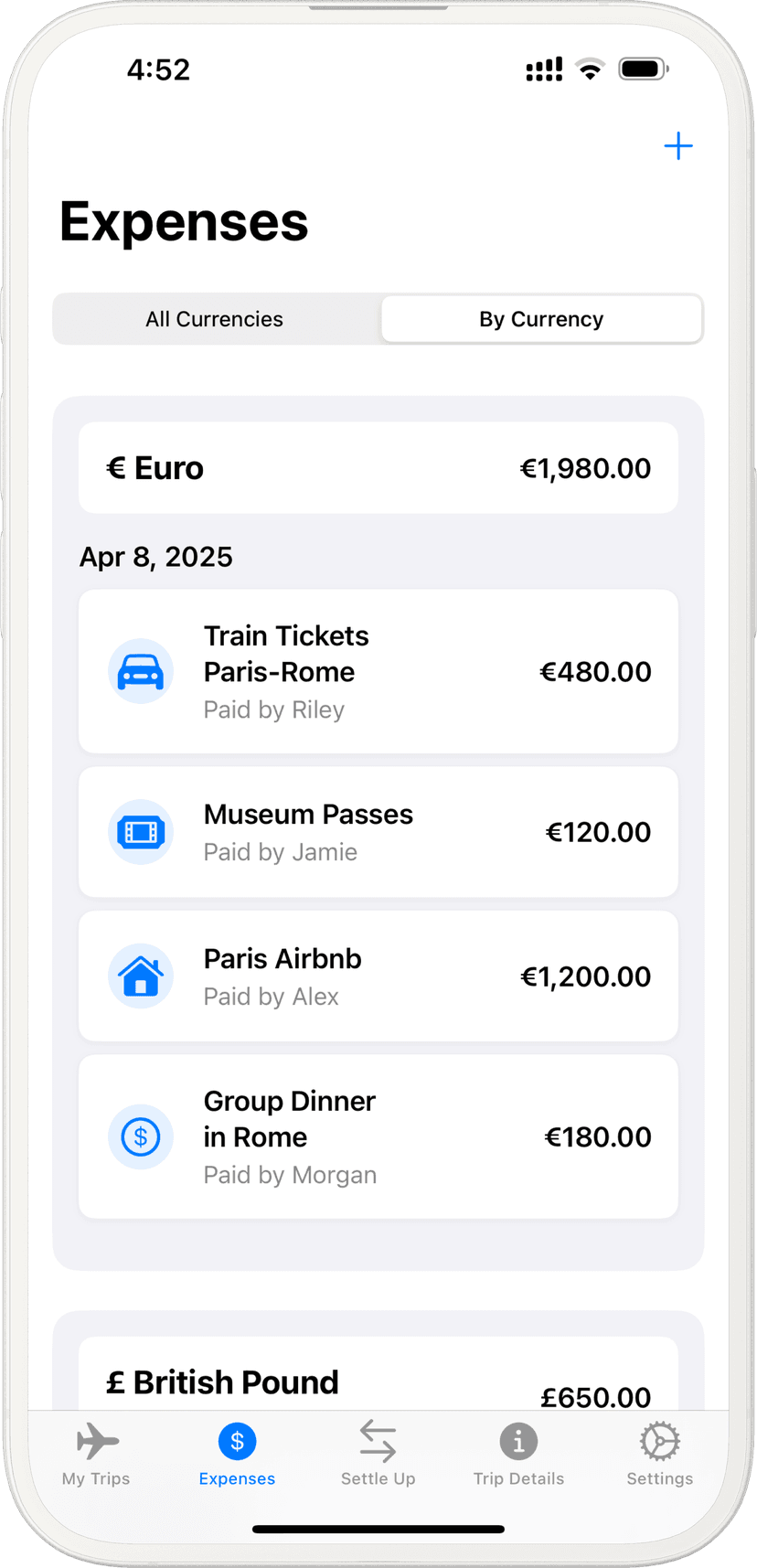 Currency filtering interface showing expenses by currency